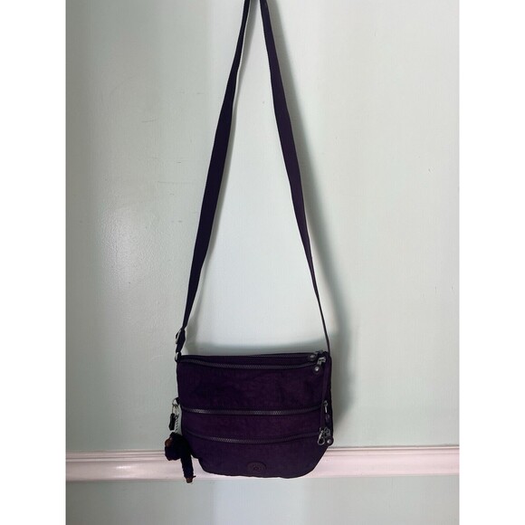 Kipling Keiko Dark Plum Tonal  Nylon Crossbody Bag + Monkey Key Chain Purple - Picture 1 of 10
